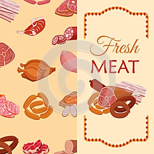Banner with meat products. Roast chicken and prime rib, sausage, salami and ham, sirlon, bacon, sucuk and smoked meat