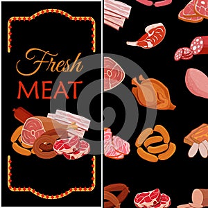 Banner with meat products. Roast chicken and prime rib, sausage, salami and ham, sirlon, bacon, sucuk and smoked meat