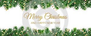 Banner with Merry Christmas text. Christmas tree frame, garland with ornaments