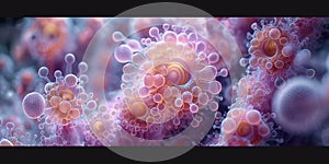 A banner of an microorganism underwater, close up. A colorful and vibrant coral in themes of oceanography and the photo