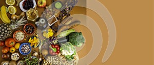 Banner of mixed colorful foods, and pills, contains antioxidants, vitamins, fiber. Immune boosting products. Healthy clean concept