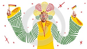 Banner. Modern aesthetic artwork. Man dressed as clown with red nose in whimsical headdress playing with grogger on