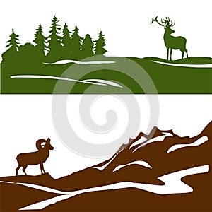 Banner with the mountain landscape and forest, silhouette