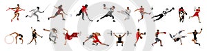 Banner. Multisport collage of competitive, strong, athlete people in motion against white studio background. Movement.