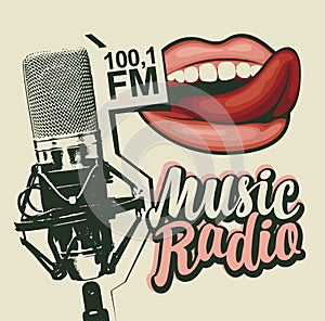 Banner for music radio with microphone and lips