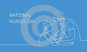 Banner National Nurses Day. A healthcare worker gives an injection to a patient. Medical procedure. Text, inscription. Vector