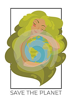 Banner with natural woman with green hair hugging our planet