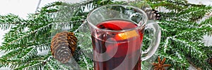 Banner. New Year's mulled wine in a glass on the background of twigs, candles and garlands.