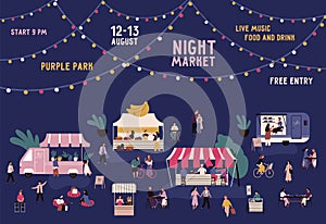 Banner of night market with place for text on garland vector flat illustration. Promo of nighttime fair with men and