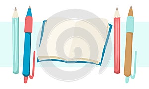 Banner with notepad and pencil. Stationery artist. Vector illustration