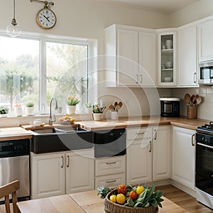 banner ofa kitchen with tulips on the table and white cupboards food on the kitchen counter top