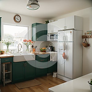 banner ofa kitchen with tulips on the table and white cupboards food on the kitchen counter top