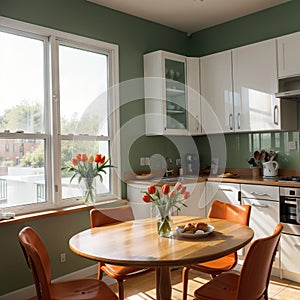 banner ofa kitchen with tulips on the table and white cupboards food on the kitchen counter top