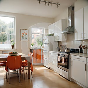 banner ofa kitchen with tulips on the table and white cupboards food on the kitchen counter top