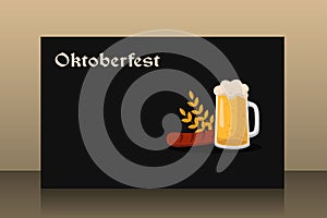 Banner oktoberfest on dark background with beer barley sausage vector illustration alcohol place for text