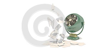 Banner with old green fan blowing on blank white sheets of paper. Isolated objects on a white background with space f