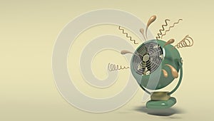 Banner with an old green fan in a cartoon style. Isolated object on a light yellow-green background with space for text. 3D render