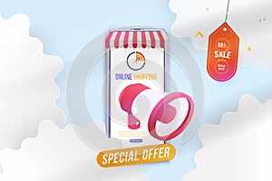 Banner Online Shopping with Mega Sale 50 in mockup realistic smartphone. Special offer with loudspeaker on the background of