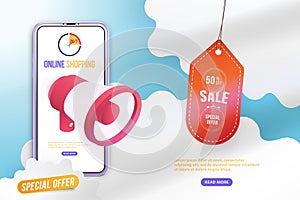 Banner Online Shopping with Mega Sale 50 in mockup realistic smartphone. Special offer with loudspeaker on the background of