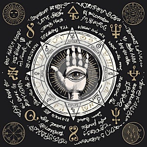 Banner with open hand with all seeing eye symbol photo