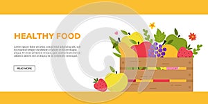 Banner with organic food,wooden box full of fruits