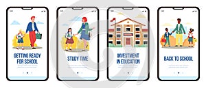 Banner with parents escorting their children to school, flat cartoon vector illustration. Kids going to school