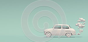 Banner with a passenger white monochrome retro car with an exhaust gas in a cartoon style. Isolated on a turquoise background. 3D
