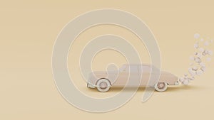 Banner with a passenger white monochrome retro car with an exhaust gas in a cartoon style. Isolated on a yellowbackground. 3D