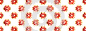 Banner, pattern from bloody oranges sliced or cut in half isolated on white background. Red sicilian orange fruit as