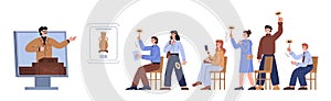 Banner with people participating in a online auction, flat vector illustration.