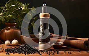 banner with pepper mill filled with black peppercorn Generative AI