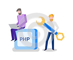 Banner PHP Two Working Men with wrench Vector