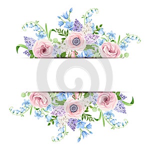 Banner with pink, blue and purple flowers. Vector illustration.