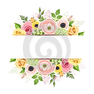 Banner with pink, orange and yellow flowers. Vector background.