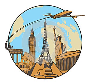 Banner with plane, landmarks and planet Earth