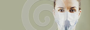 Banner Portrait of a Female Patient`s Doctor in a Protective Surgical Sterile Mask. Copyspase. Soft focus.