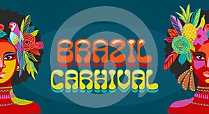 Banner with portrait of woman in brazil carnival outfit. Vector abstract illustration. Design for carnival concept and