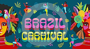Banner with portrait of woman and people in brazil carnival outfit. Vector abstract illustration. Design for carnival