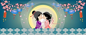 Banner Postcard Qixi festival or Tana Bata Vector illustration. Meeting of the cowherd and weaver girl in the beautiful night sky