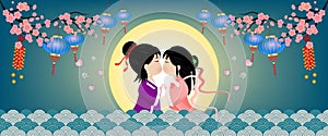 Banner Postcard Qixi festival or Tana Bata Vector illustration. Meeting of the cowherd and weaver girl in the beautiful night sky photo