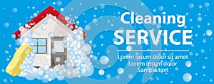 Banner and the poster for cleaning services. The house in foam on a blue background. Vector