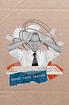 Banner poster collage of overwhelmed business worker feel fatigue too many different urgent tasks work pc computer