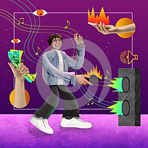 Banner. Poster. Contemporary art collage. Creative composite image of human, young guy spend time and money on party