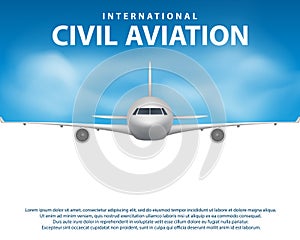 Banner, poster, flyer with Airplane background. Plane in blue sky, civil aviation airliner. Commercial airliner travel
