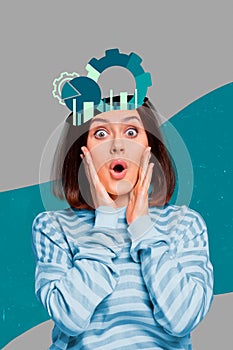 Banner poster image collage of amazed lady with gear wheels head thinking process learning concept