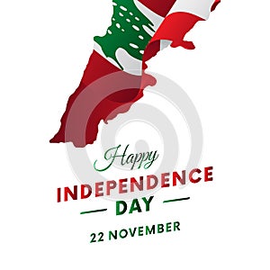 Banner or poster of Lebanon independence day celebration. Lebanon map. Waving flag. Vector illustration.