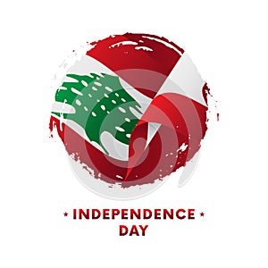 Banner or poster of Lebanon Independence Day celebration. Waving flag of Lebanon, brush stroke background. Vector illustration.