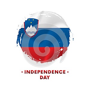 Banner or poster of Slovenia Independence Day celebration. Waving flag of Slovenia, brush stroke background. Vector illustration.