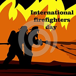 Banner, poster or template for the International Day of Firefighters with silhouettes of two firefighters extinguishing