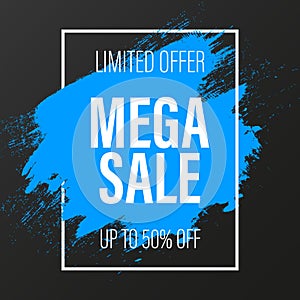 Banner, poster with text Mega Sale, 50 percent off discounts on black background with white frame and blue brush stroke